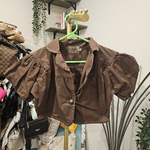 Vintage Brown Puff-Sleeve Cropped Jacket
